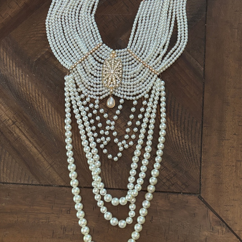 Elegant Multi-Strand Pearl Statement Necklace - White Pearls